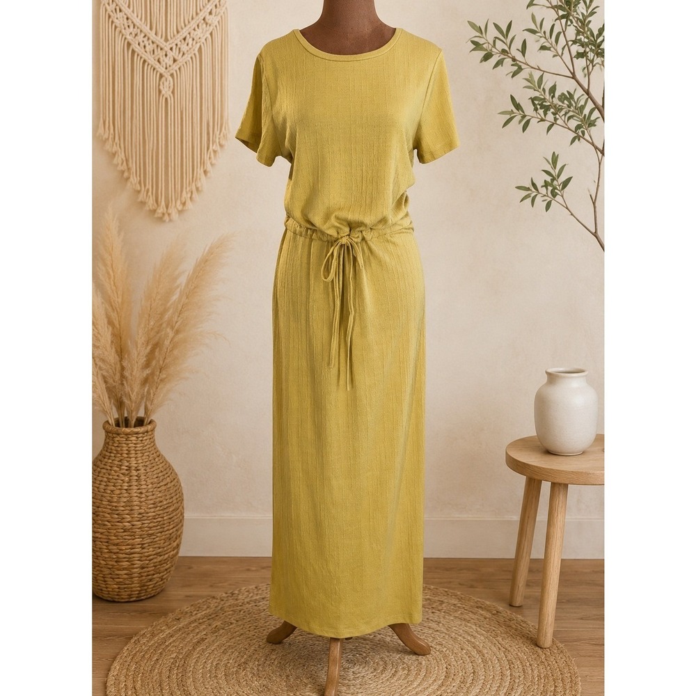 Hem & Thread Maxi Dress Womens Large Mustard Yellow Textured Drawstring Boho NWT